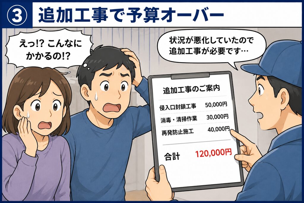 安いネズミ駆除業者に依頼した後、侵入口封鎖や消毒などの追加工事で費用が膨らみ、予算オーバーに驚く夫婦