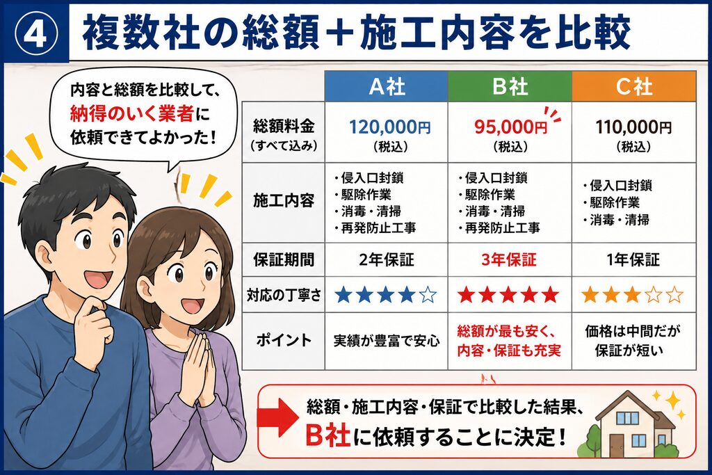 ネズミ駆除業者3社の総額・施工内容・保証期間を比較し、納得できる業者を選ぶ夫婦