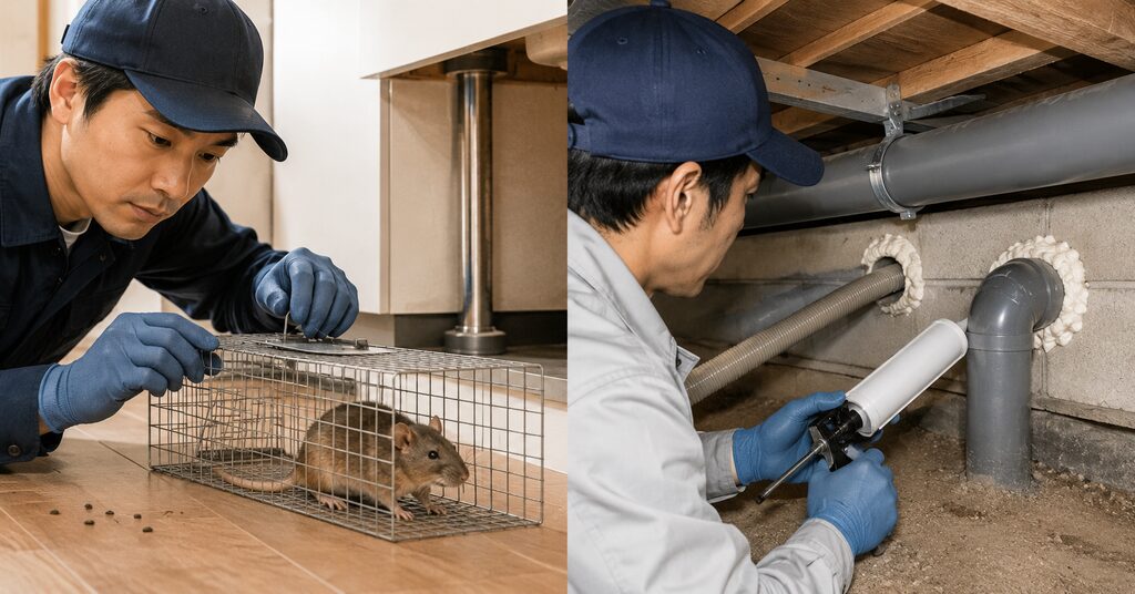ネズミの捕獲だけでなく住宅の侵入口を封鎖して再発を防ぐ作業