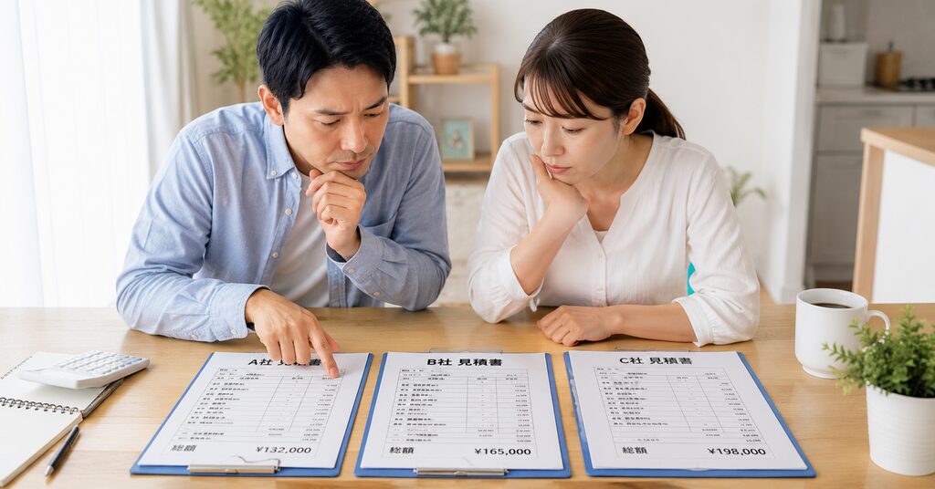 複数のネズミ駆除業者から届いた見積書と施工内容を比較する夫婦