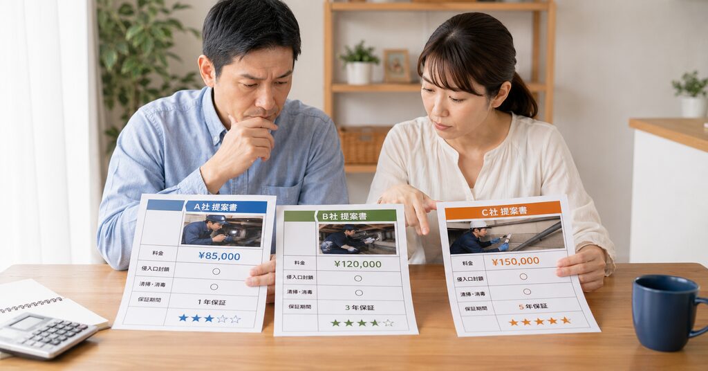 ネズミ駆除業者3社の料金と施工内容や保証を比較する夫婦