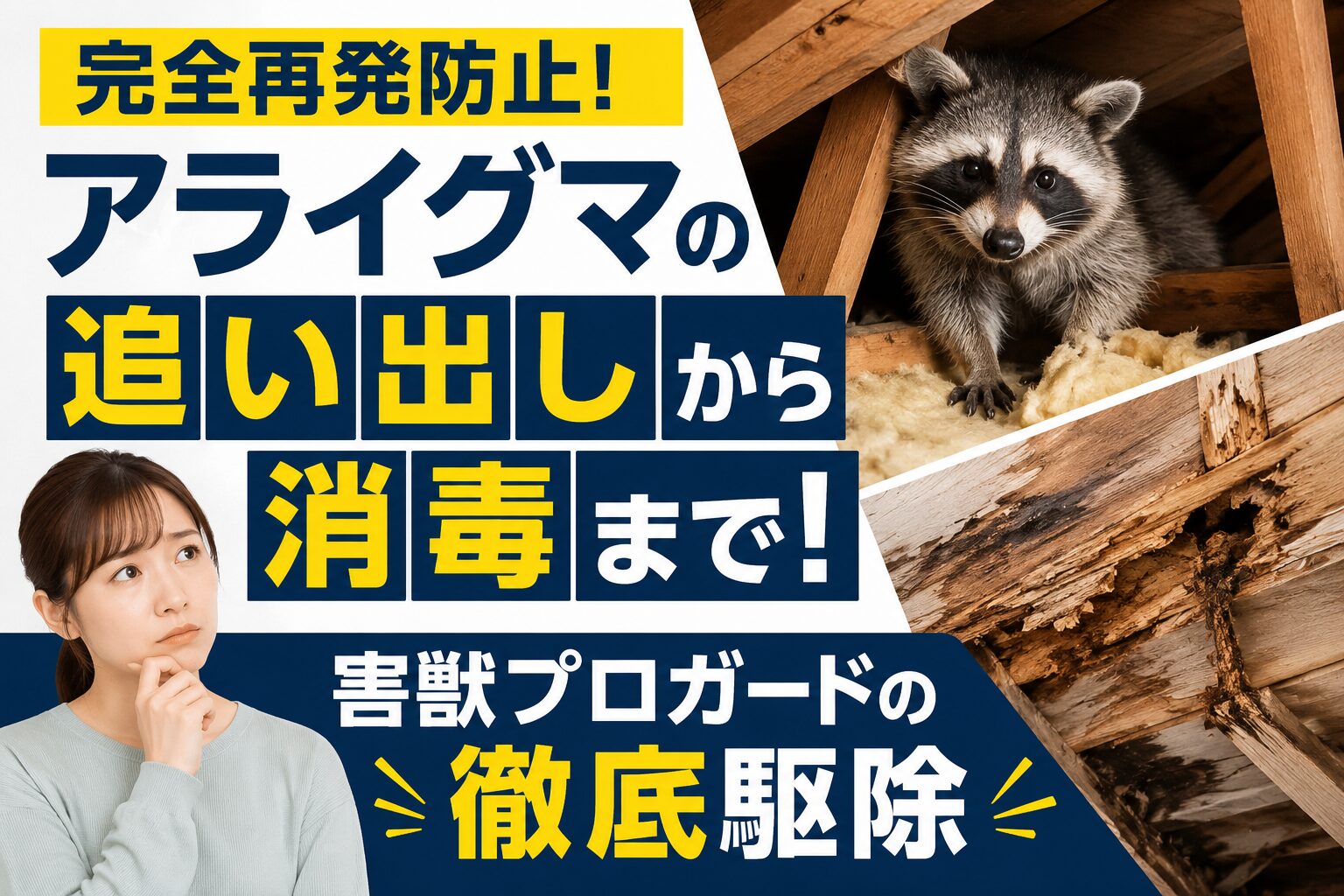 天井裏を荒らすアライグマと、それによって腐食した住宅の木材のイメージ