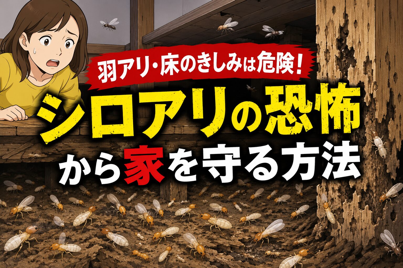 家の床下から大量のシロアリが湧き出て、柱を食い荒らしている様子を怖ろしく描いたイラスト（中央に「床のきしみ・羽アリは我が家崩壊のサイン！」の文字）