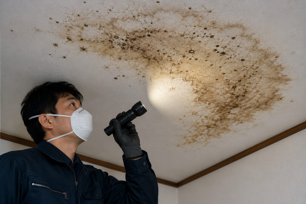ネズミの糞尿によって天井に広がった大きなシミと被害調査