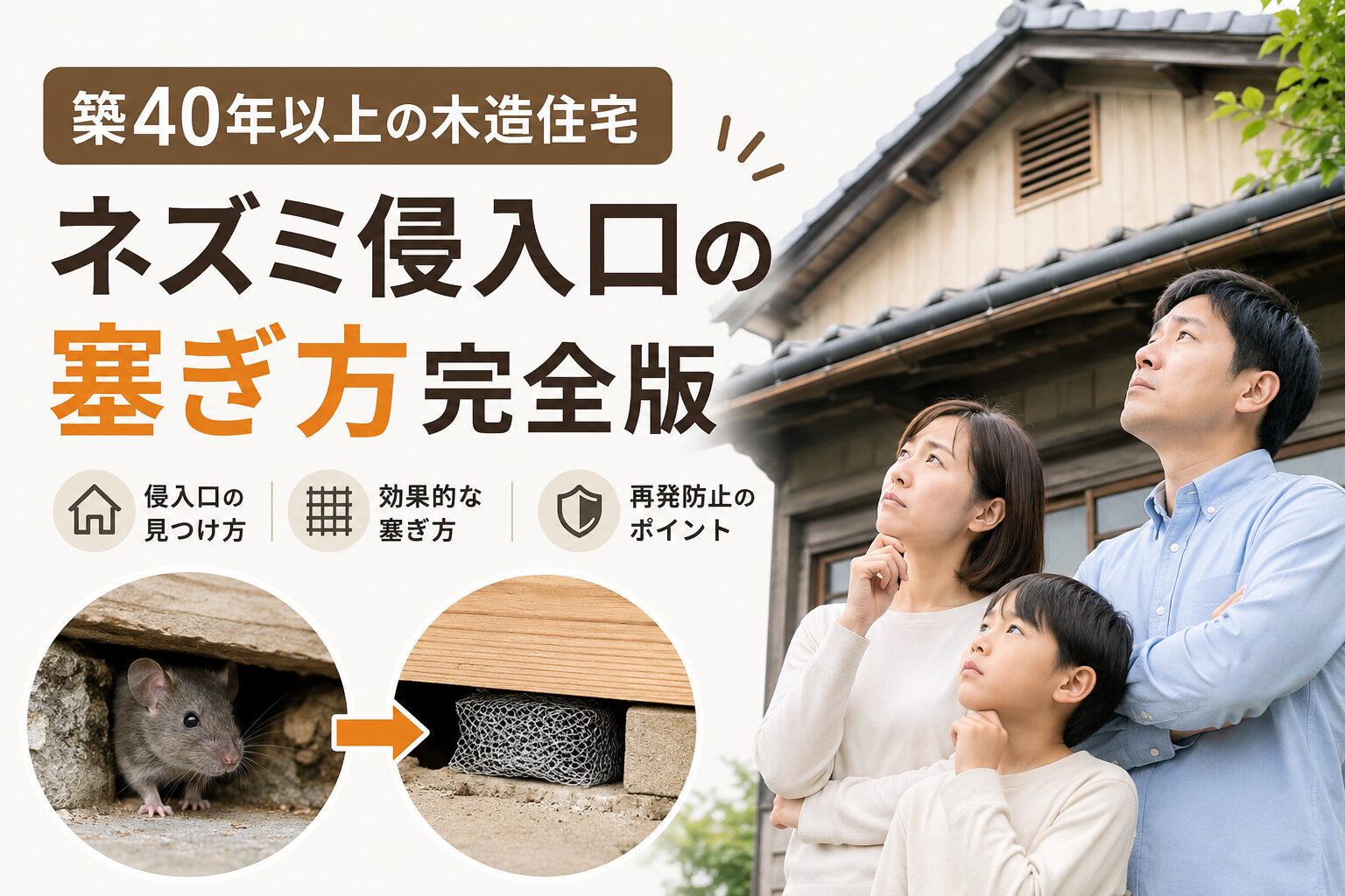 築40年以上の木造住宅の床下や屋根裏から侵入するネズミと、不安そうに住宅を見上げる家族のイメージ