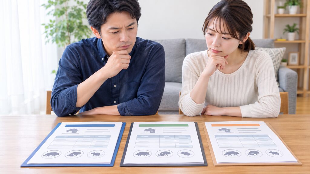 害獣駆除業者3社の見積もりや施工内容を比較する夫婦
