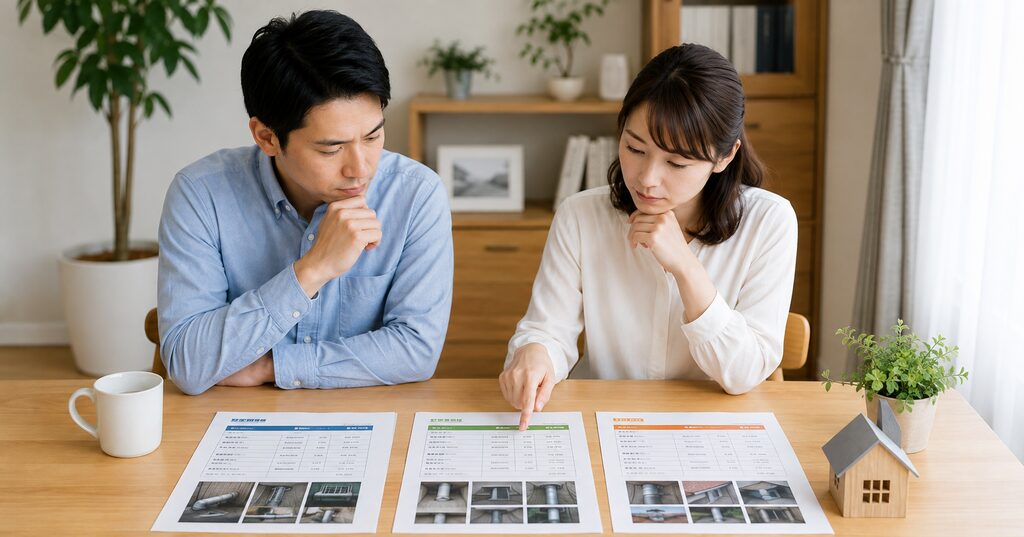 害獣駆除業者3社の総額と施工内容を比較する夫婦
