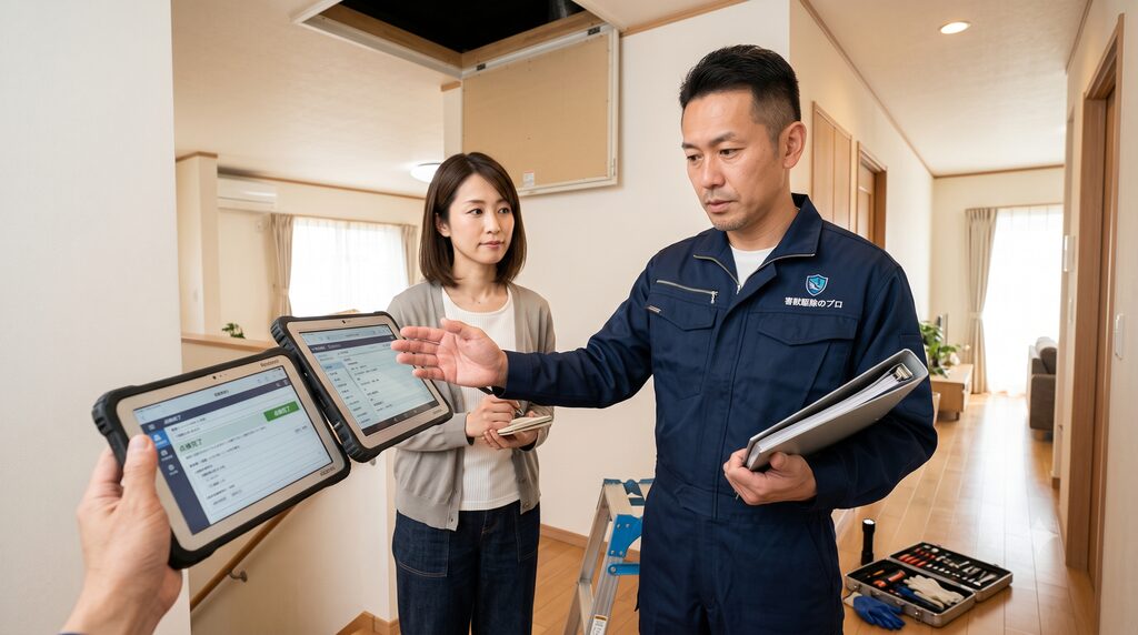 住宅の廊下で、男性作業員が天井の点検口を見上げながら、女性の住人に2台のタブレット端末を使って真剣な表情で点検結果を説明している様子。床には道具箱が置かれている。