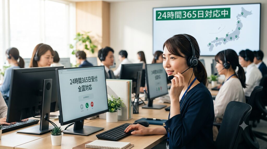 インカムを装着した女性オペレーターがパソコンに向かい笑顔で電話対応をしているコールセンターの様子。パソコン画面や壁のモニターには「24時間365日受付 全国対応」の文字と日本地図が表示されている。