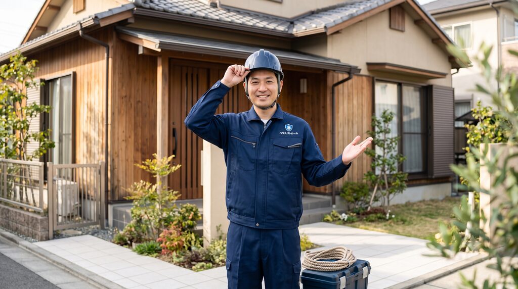 戸建て住宅の前で、紺色の作業着とヘルメットを着用した「ハウスパトロール」の男性スタッフが、ヘルメットに手を添えながら笑顔で挨拶・案内をしている様子。足元にはロープの載った道具箱が置かれている。