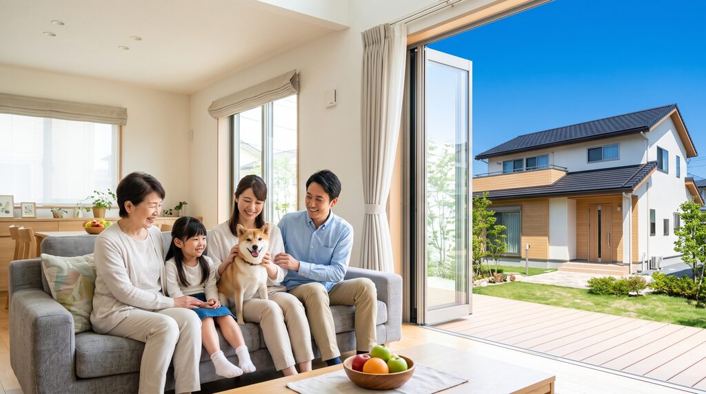 明るく広々としたリビングのソファに座る家族(祖母、父母、娘)と、娘の膝の上にいる柴犬が笑顔でくつろぐ様子。開け放たれた大きな窓からは、澄み切った青空と、庭の奥にあるメンテナンスの行き届いた清潔感のある家屋の外観が望める。