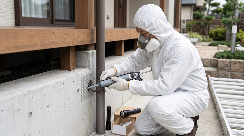 白い防護服と防毒マスクを着用した害獣駆除の作業員がしゃがみ込み、住宅の通気口に取り付けた金属ネットの隙間にコーキングガン(補修材)を使って隙間を塞ぐ再発防止施工を行っている様子。傍らには懐中電灯や工具箱が置かれている。