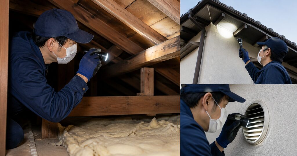 屋根裏や軒下、換気口をライトで点検する害獣駆除業者