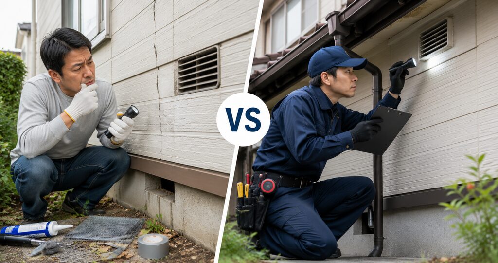 住宅の外壁を見ながらDIYする男性と、安全に点検する専門業者を比較したイメージ
