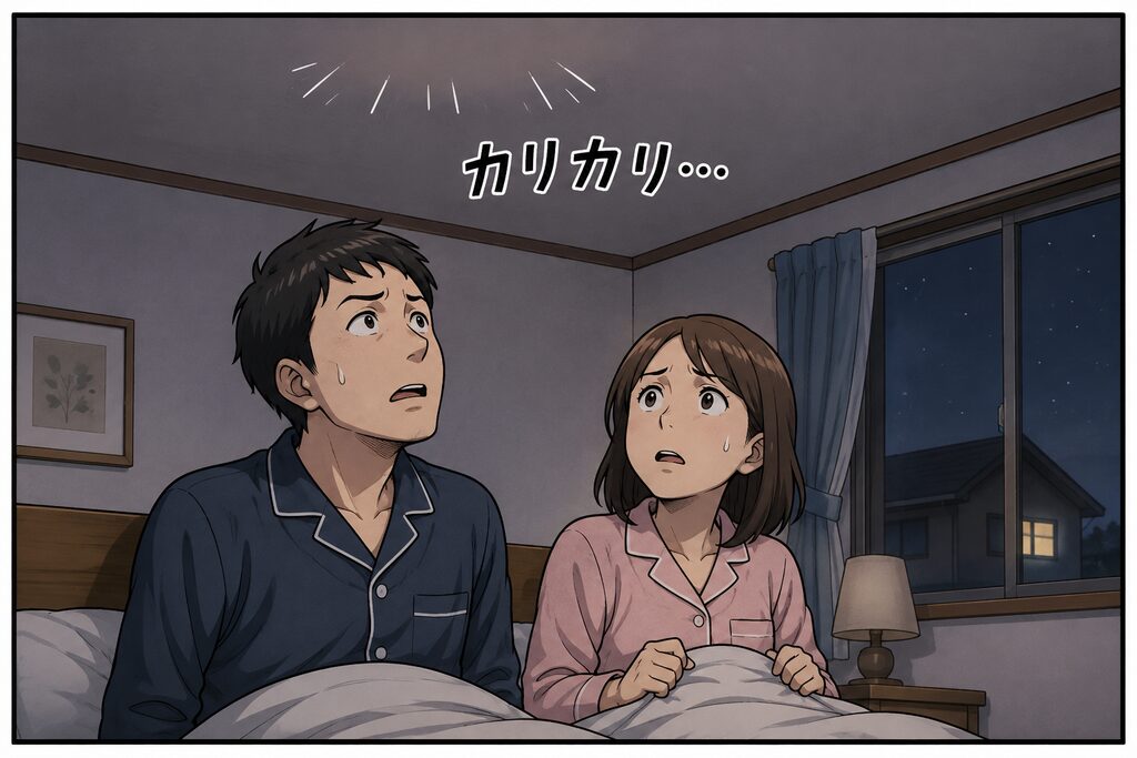 夜中。 天井から 「カリカリ…」 夫婦が不安そうに見上げる。