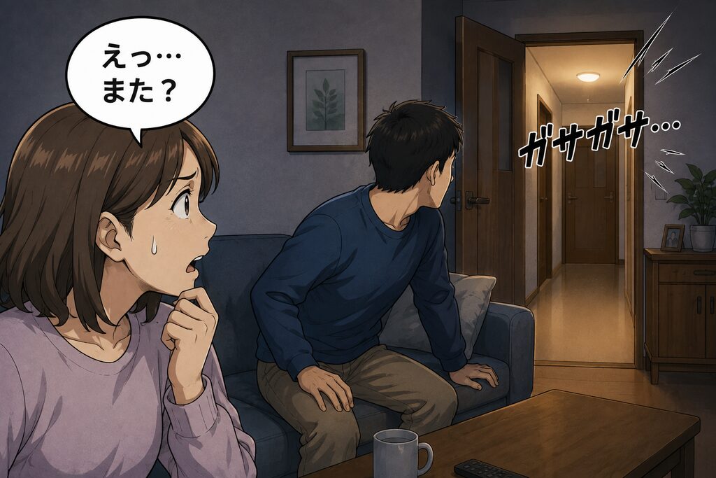 数日後。 別の部屋から ガサガサ… 妻 「えっ…また？」