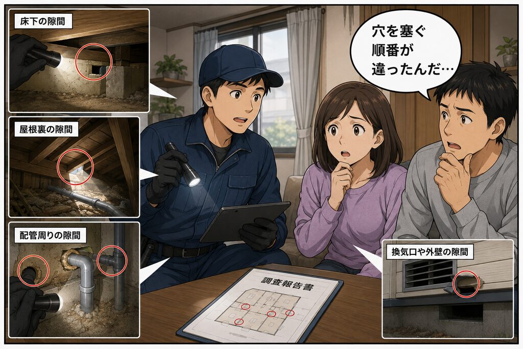 専門業者が床下・屋根裏・配管を調査。 侵入口を複数発見。 夫婦 「穴を塞ぐ順番が違ったんだ…」