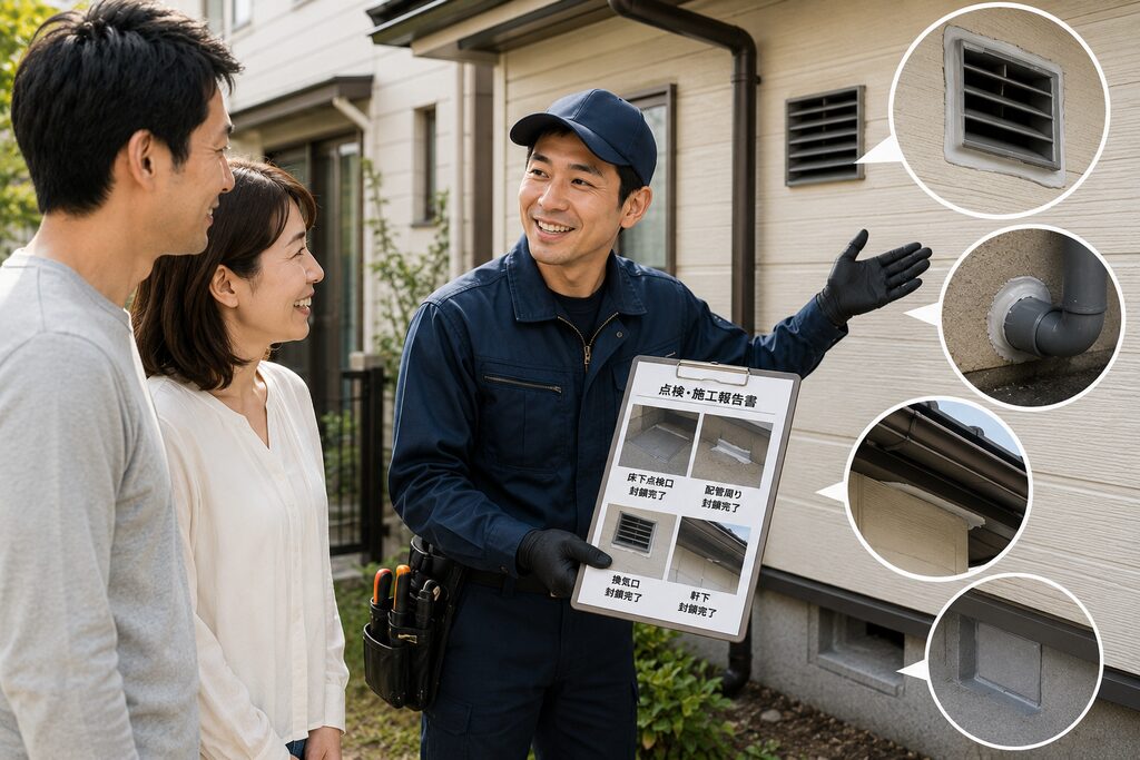 住宅全体を点検し、侵入口をすべて封鎖したあと笑顔で説明する害獣駆除業者