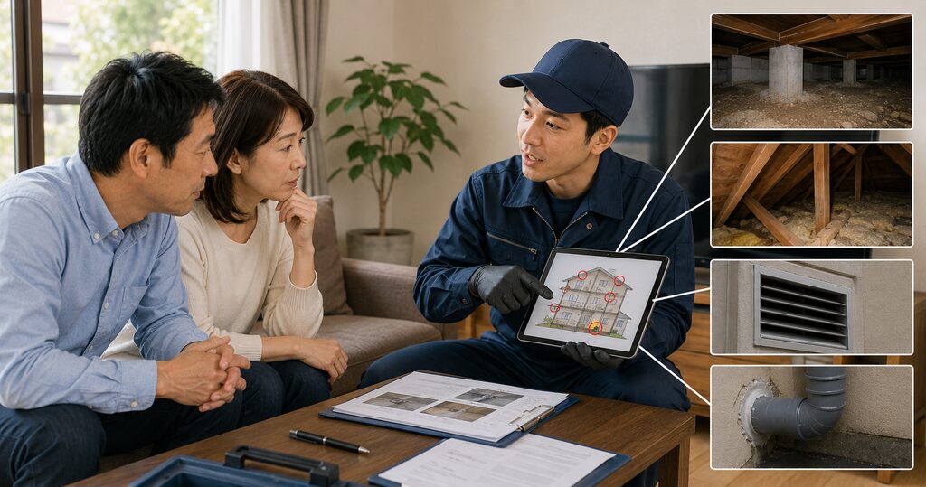 床下や屋根裏を調査したあと、住宅全体の状況を夫婦へ説明する害獣駆除業者
